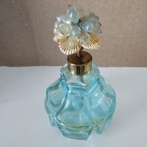 Vintage Blue Pressed Glass Perfume Atomizer Floral Top